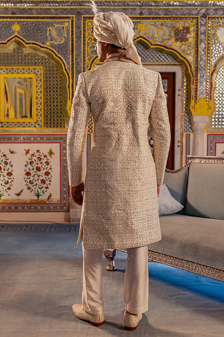 Pearl Ivory Raw Silk Groom Sherwani Set by Vanshik at Pernia's Pop Up Shop