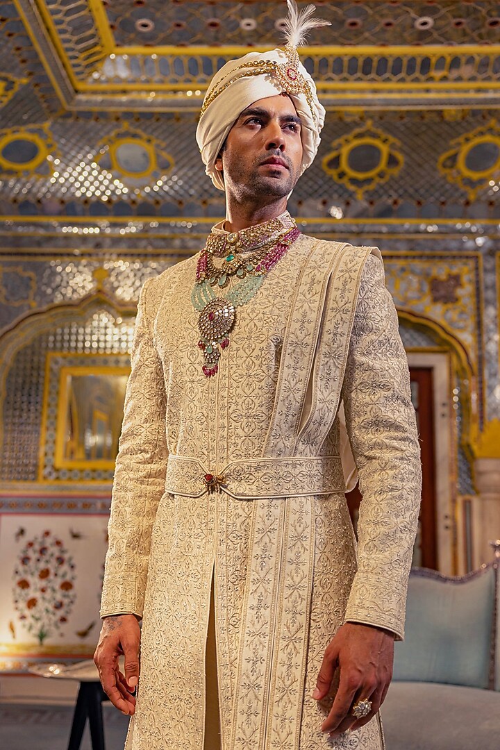 Pearl Ivory Raw Silk Groom Sherwani Set by Vanshik at Pernia's Pop Up Shop