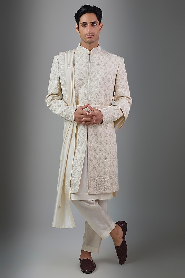 Ivory Silk Groom Sherwani Set by Vanshik at Pernia's Pop Up Shop