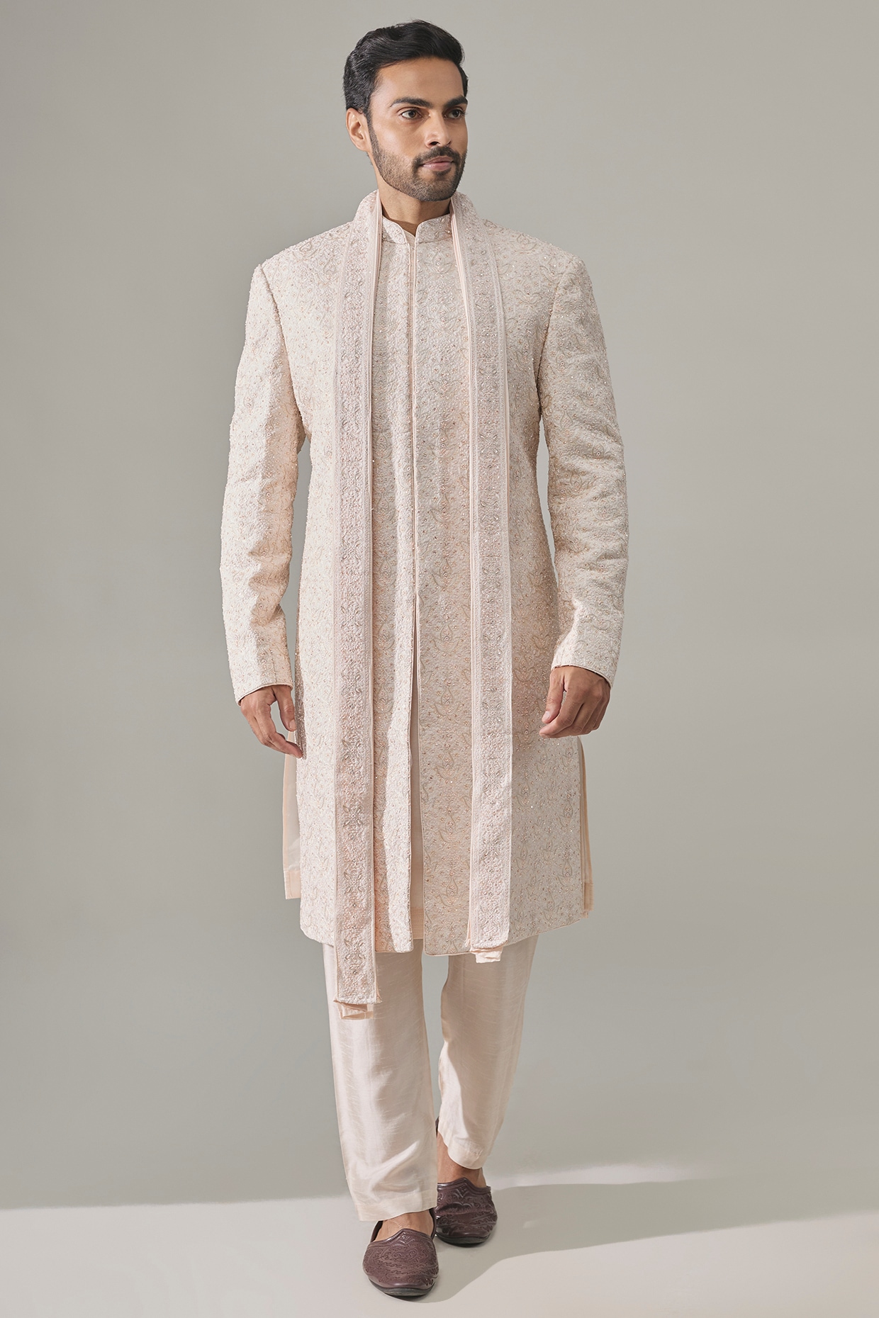 Vanshik Pearl White Silk Sherwani Set
