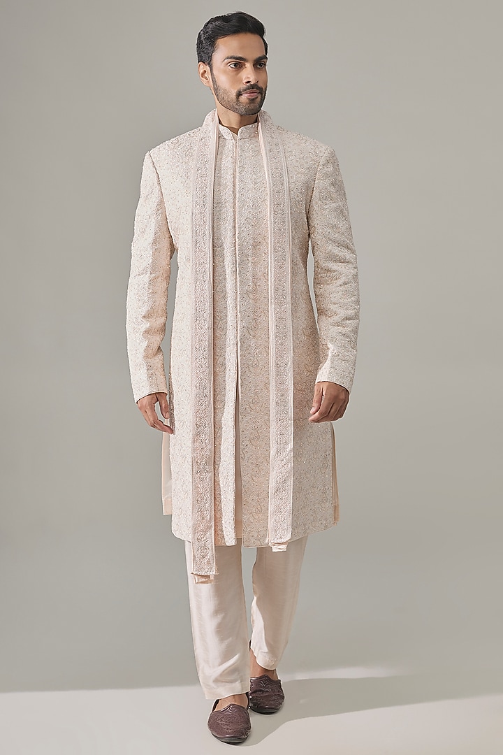 Pearl White Silk Groom Sherwani Set by Vanshik at Pernia's Pop Up Shop