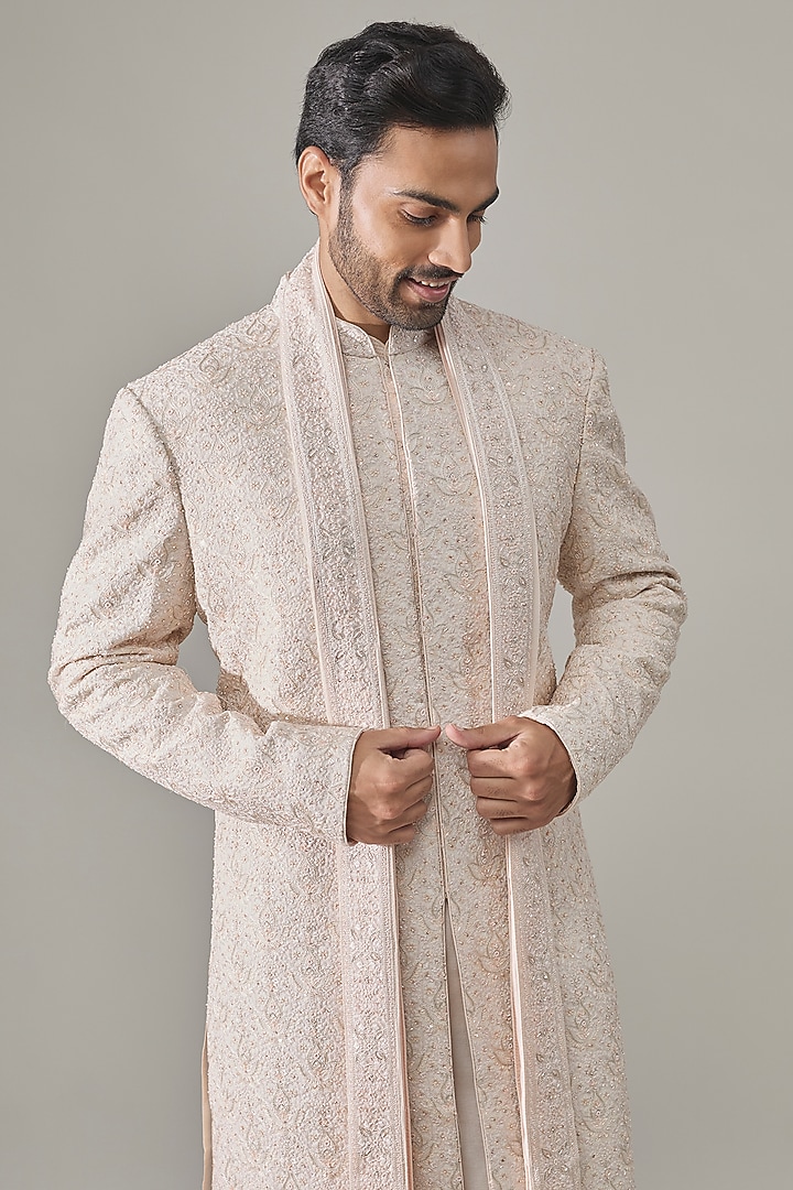 Pearl White Silk Groom Sherwani Set by Vanshik at Pernia's Pop Up Shop