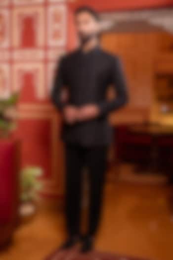 Black Viscose Groom Indowestern Set by Vanshik at Pernia's Pop Up Shop