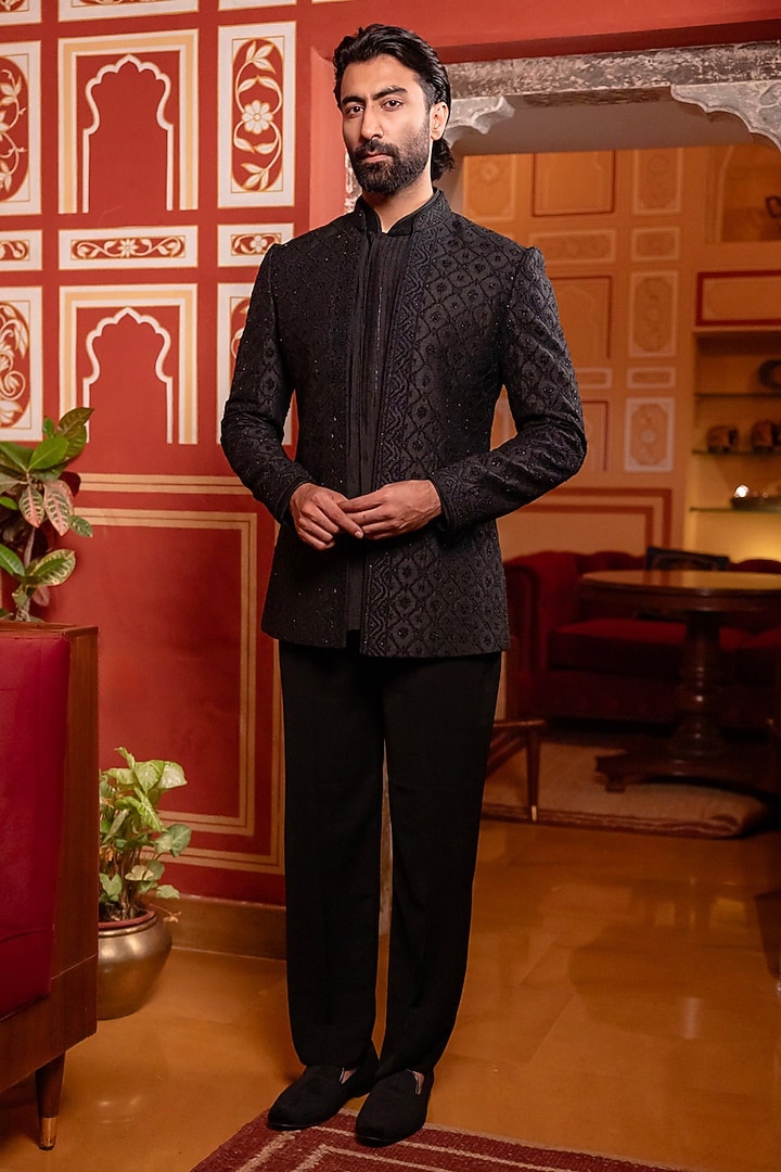Black Viscose Groom Indowestern Set by Vanshik at Pernia's Pop Up Shop