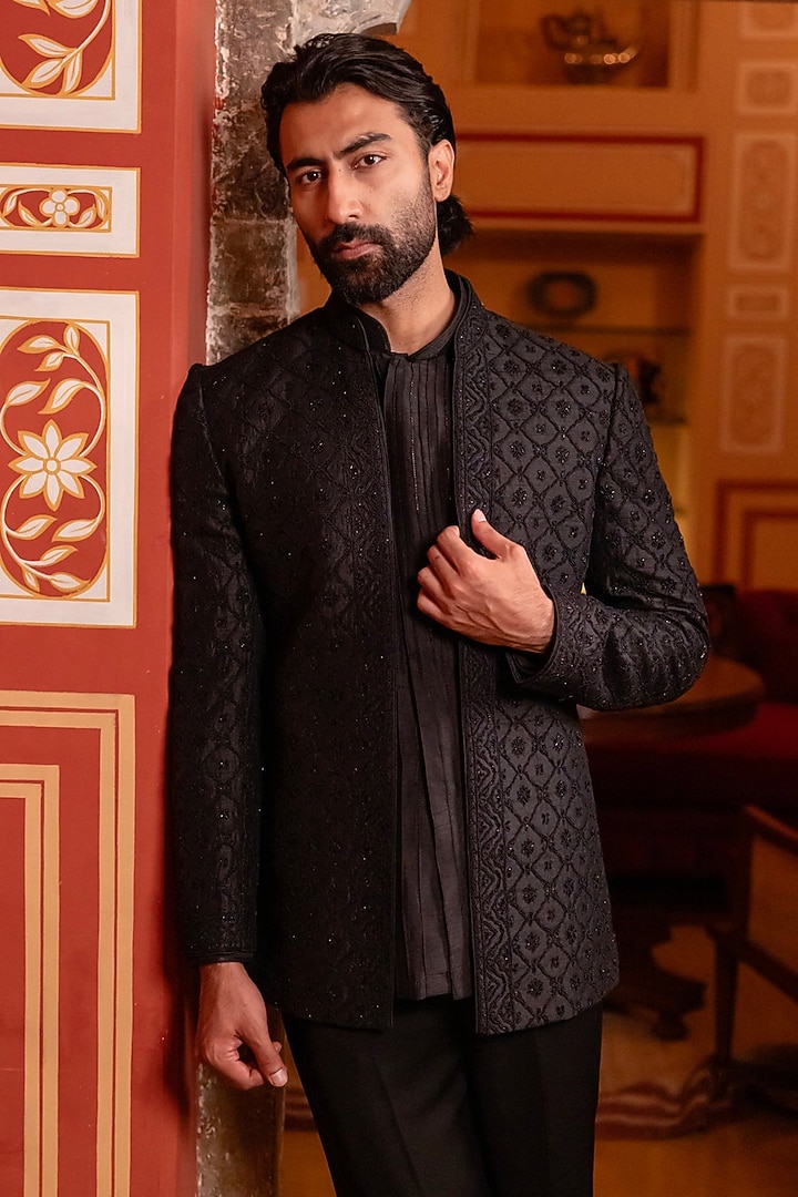 Black Viscose Groom Indowestern Set by Vanshik at Pernia's Pop Up Shop