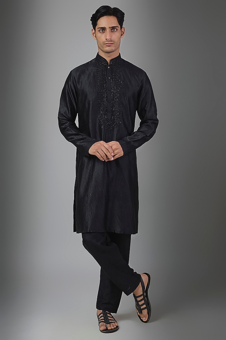 Black Silk Kurta Set by Vanshik at Pernia's Pop Up Shop