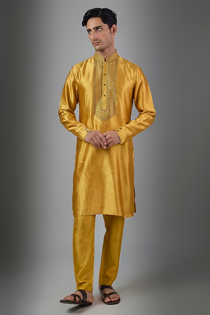 Mustard Silk Kurta Set by Vanshik at Pernia's Pop Up Shop