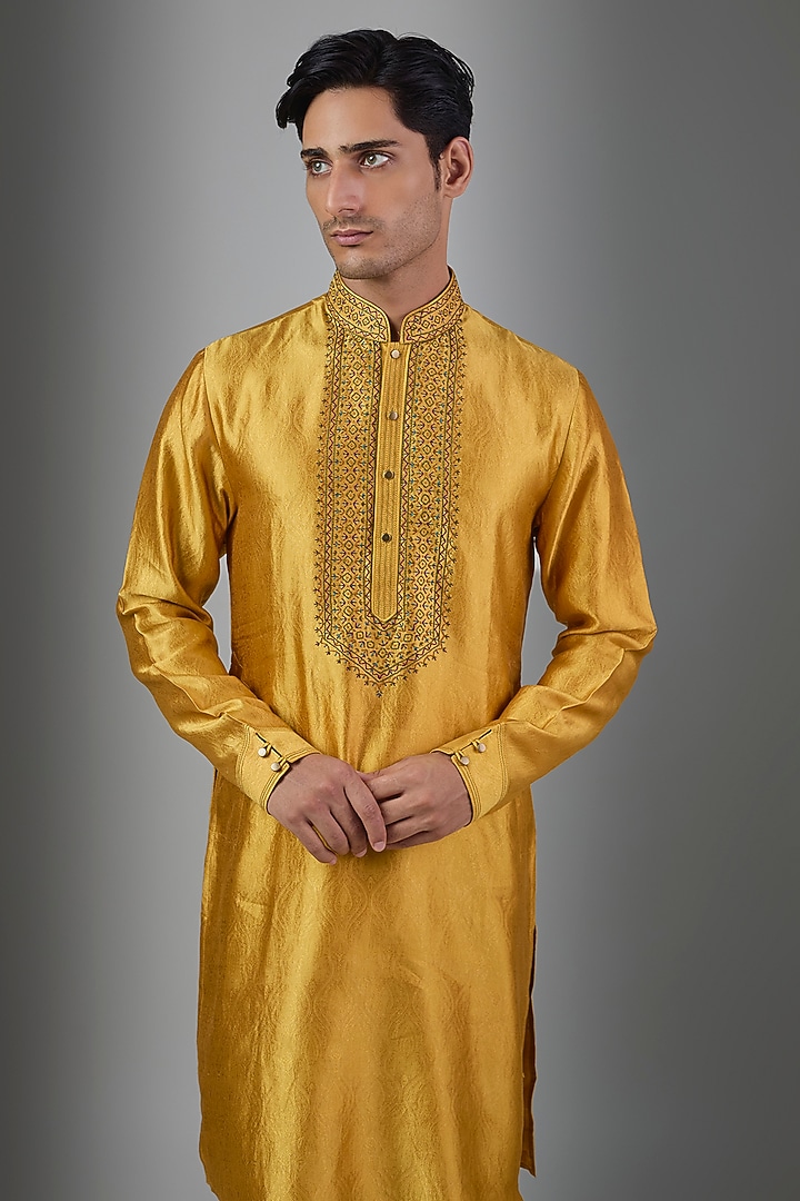 Mustard Silk Kurta Set by Vanshik at Pernia's Pop Up Shop