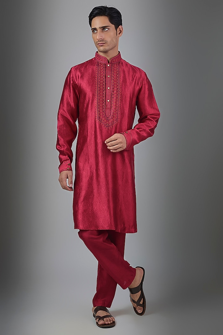 Red Silk Kurta Set by Vanshik at Pernia's Pop Up Shop