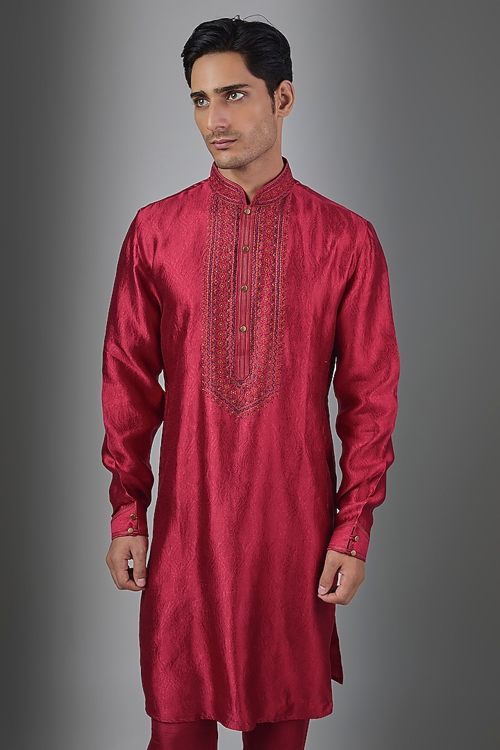 Red Silk Kurta Set by Vanshik at Pernia's Pop Up Shop