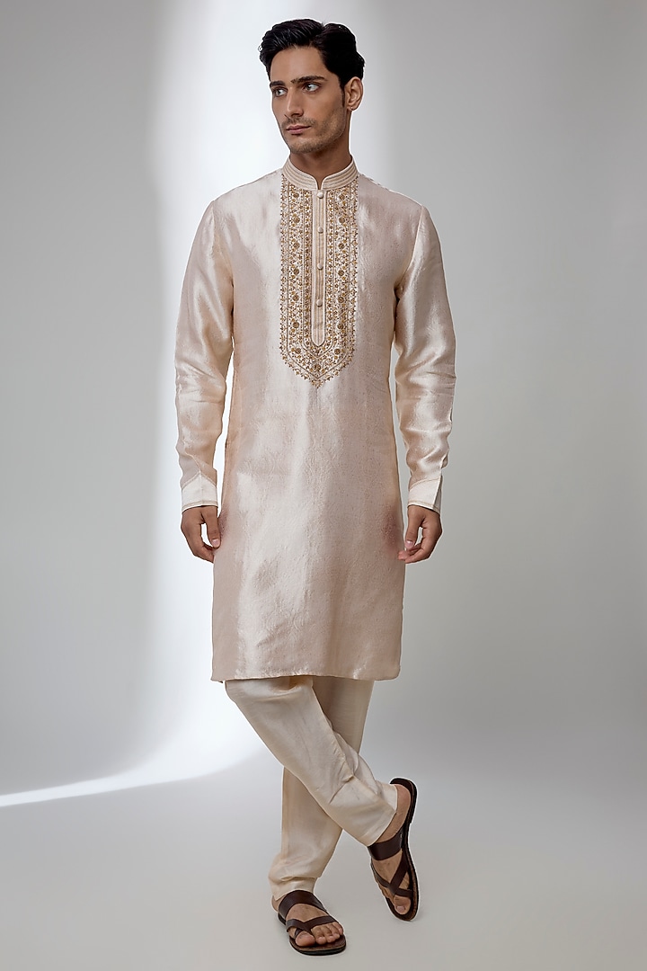 Beige Silk Kurta Set by Vanshik at Pernia's Pop Up Shop