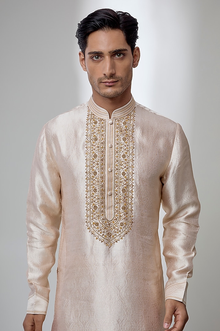 Beige Silk Kurta Set by Vanshik at Pernia's Pop Up Shop