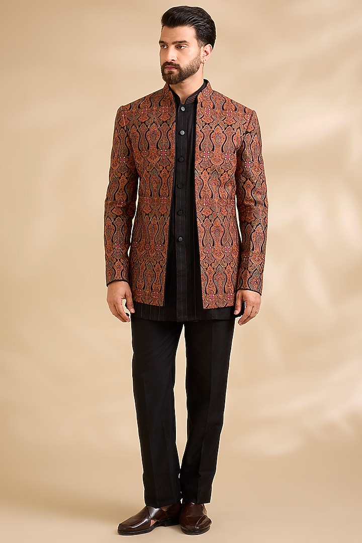 Black silk Groom Indowestern Set by Vanshik at Pernia's Pop Up Shop
