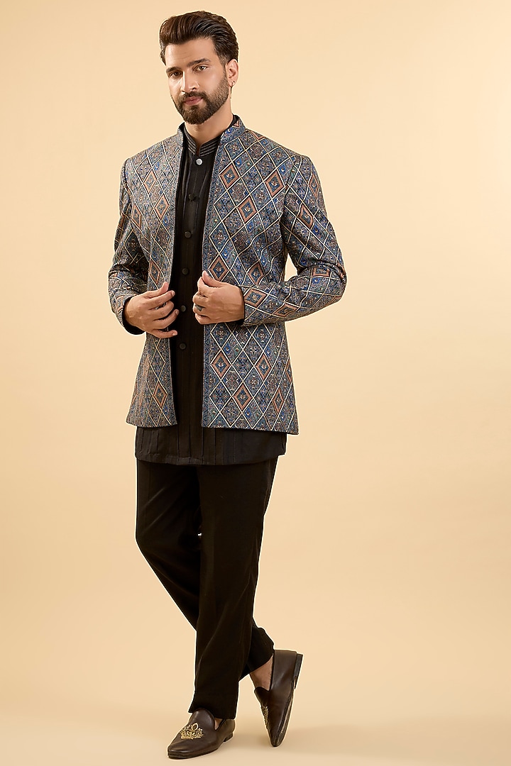 Blue Silk Groom Indowestern Set by Vanshik at Pernia's Pop Up Shop