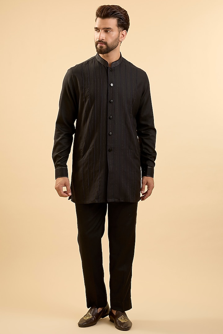 Blue Silk Groom Indowestern Set by Vanshik at Pernia's Pop Up Shop