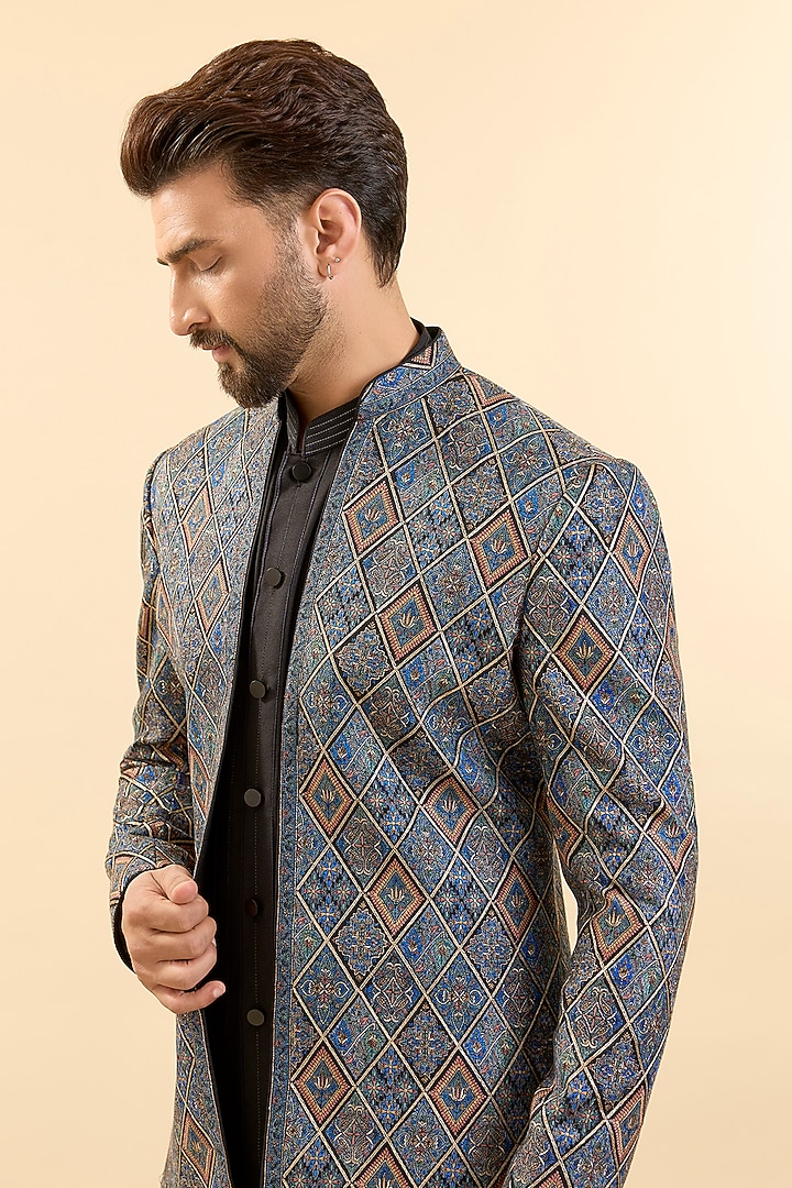 Blue Silk Groom Indowestern Set by Vanshik at Pernia's Pop Up Shop