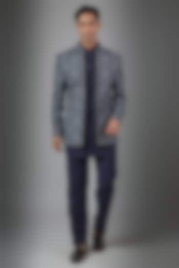 Blue Silk Groom Indowestern Set by Vanshik at Pernia's Pop Up Shop