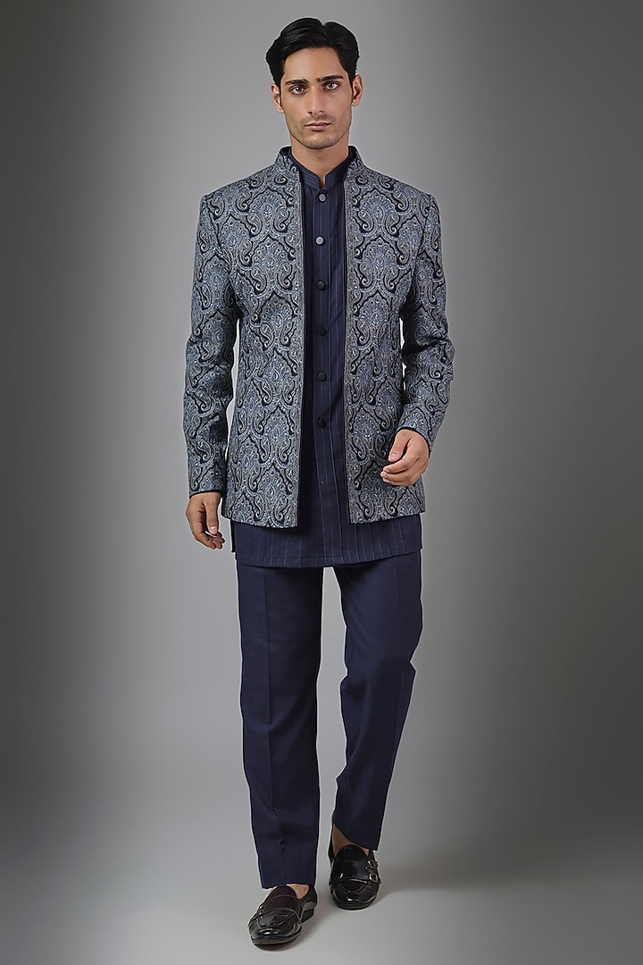 Blue Silk Groom Indowestern Set by Vanshik at Pernia's Pop Up Shop