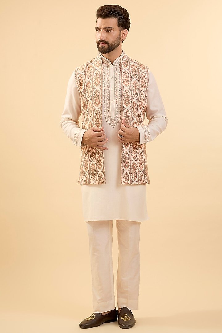 Cream Silk Bundi Jacket Set by Vanshik at Pernia's Pop Up Shop