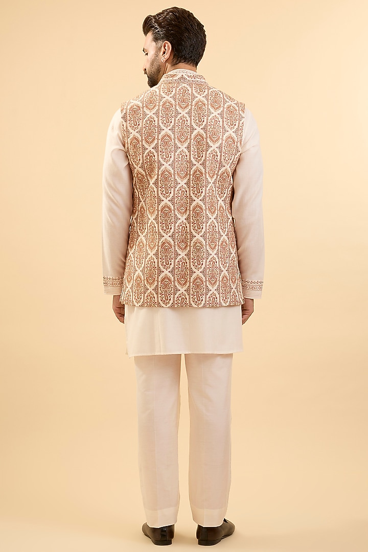 Cream Silk Bundi Jacket Set by Vanshik at Pernia's Pop Up Shop