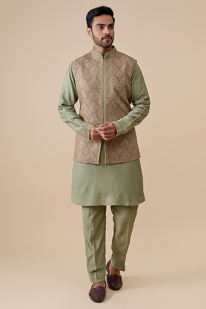Mint Silk Bundi Jacket Set by Vanshik at Pernia's Pop Up Shop