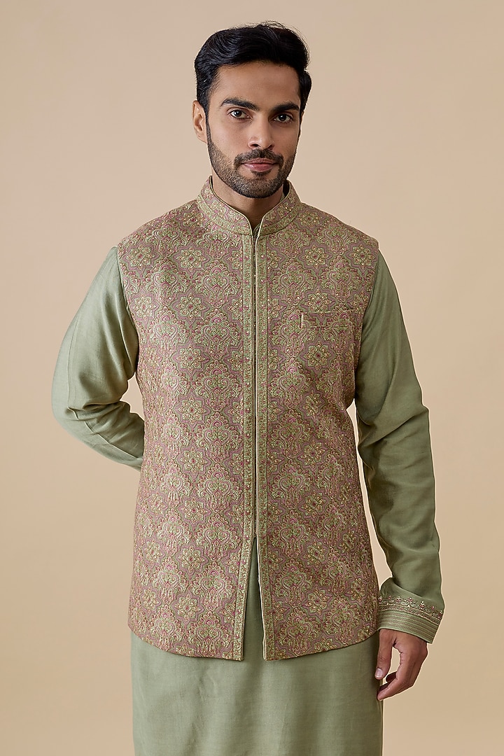 Mint Silk Bundi Jacket Set by Vanshik at Pernia's Pop Up Shop