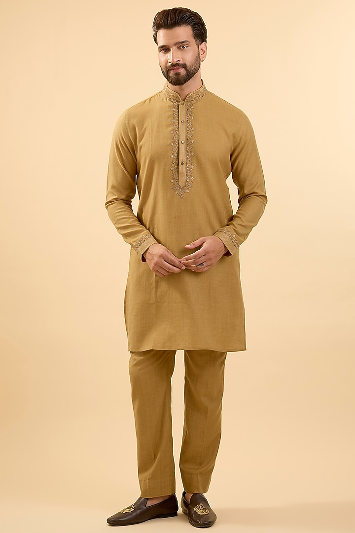 Mustard Silk Bundi Jacket Set by Vanshik at Pernia's Pop Up Shop