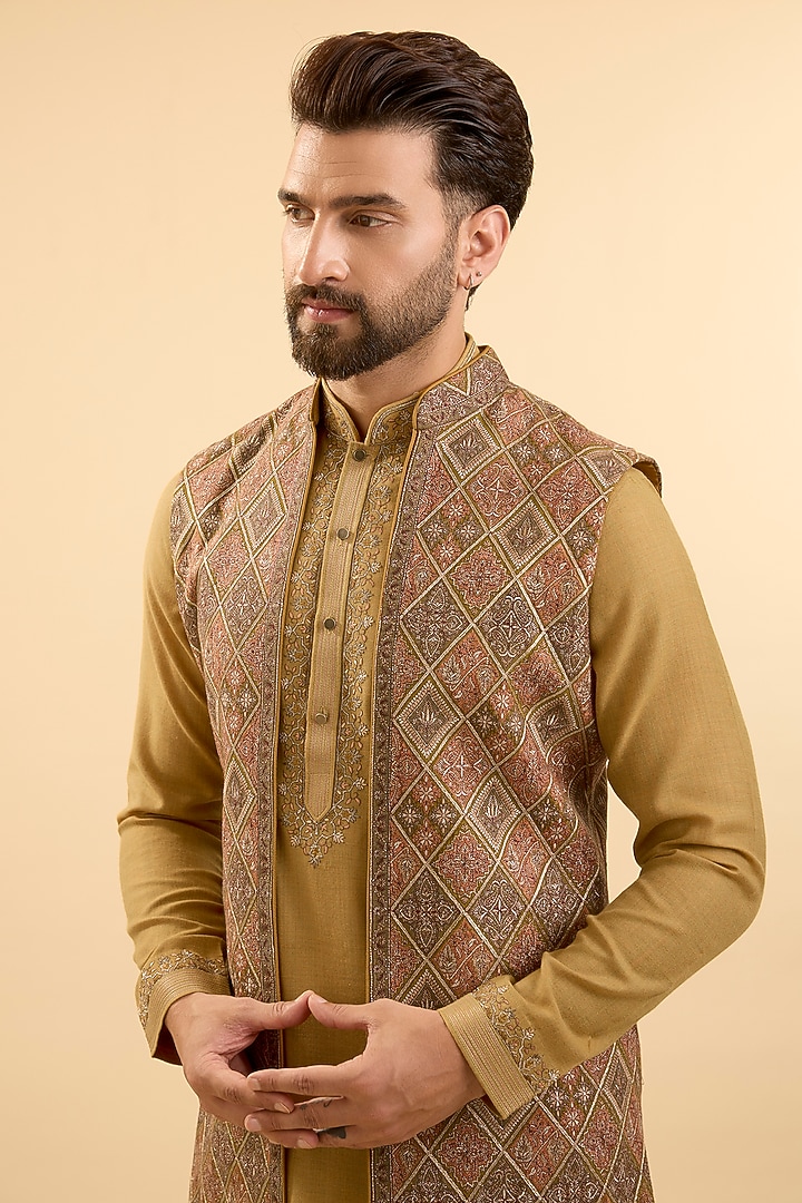 Mustard Silk Bundi Jacket Set by Vanshik at Pernia's Pop Up Shop