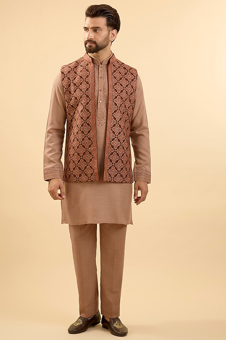 Brown Silk Bundi Jacket Set by Vanshik at Pernia's Pop Up Shop