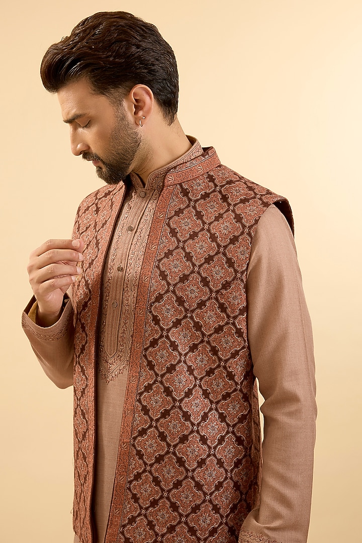 Brown Silk Bundi Jacket Set by Vanshik at Pernia's Pop Up Shop