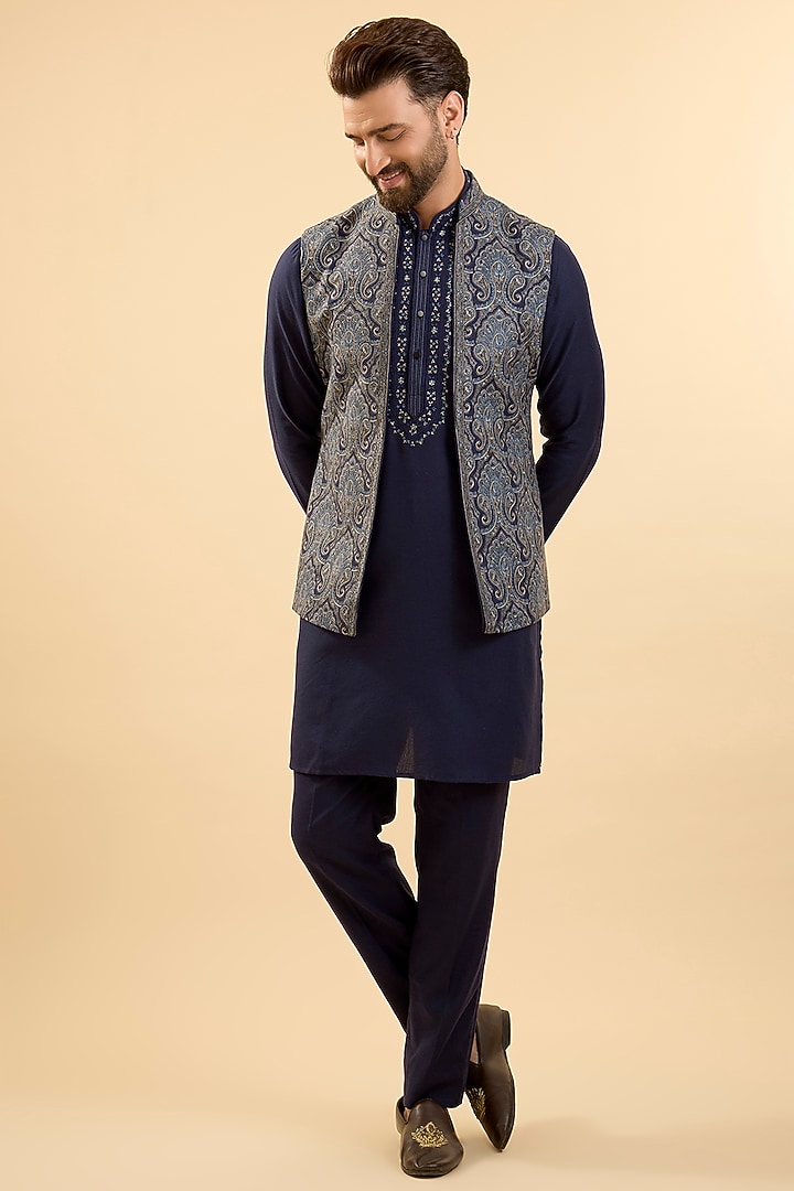 Blue Silk Bundi Jacket Set by Vanshik at Pernia's Pop Up Shop