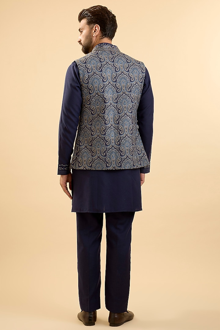 Blue Silk Bundi Jacket Set by Vanshik at Pernia's Pop Up Shop