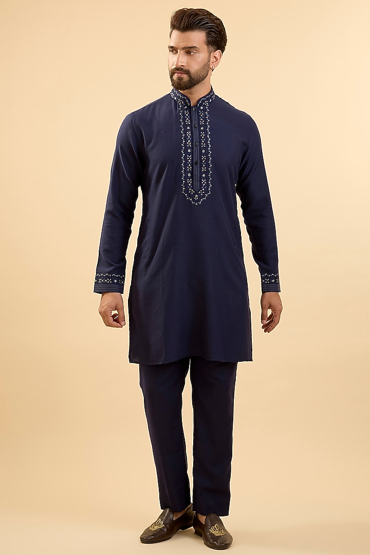 Blue Silk Bundi Jacket Set by Vanshik at Pernia's Pop Up Shop