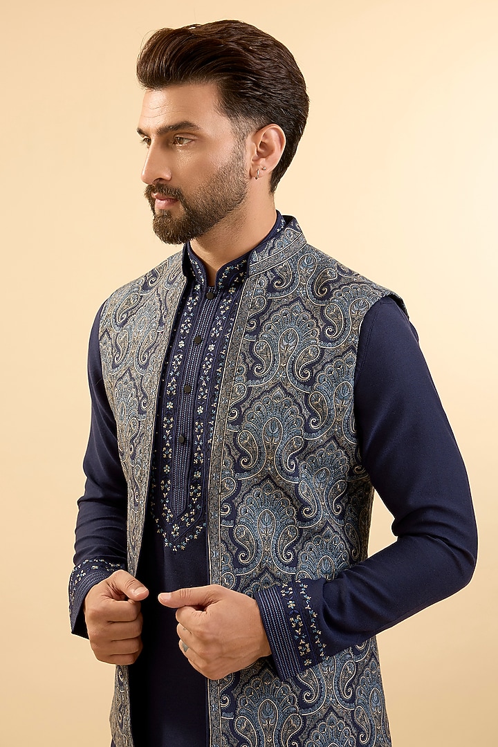 Blue Silk Bundi Jacket Set by Vanshik at Pernia's Pop Up Shop