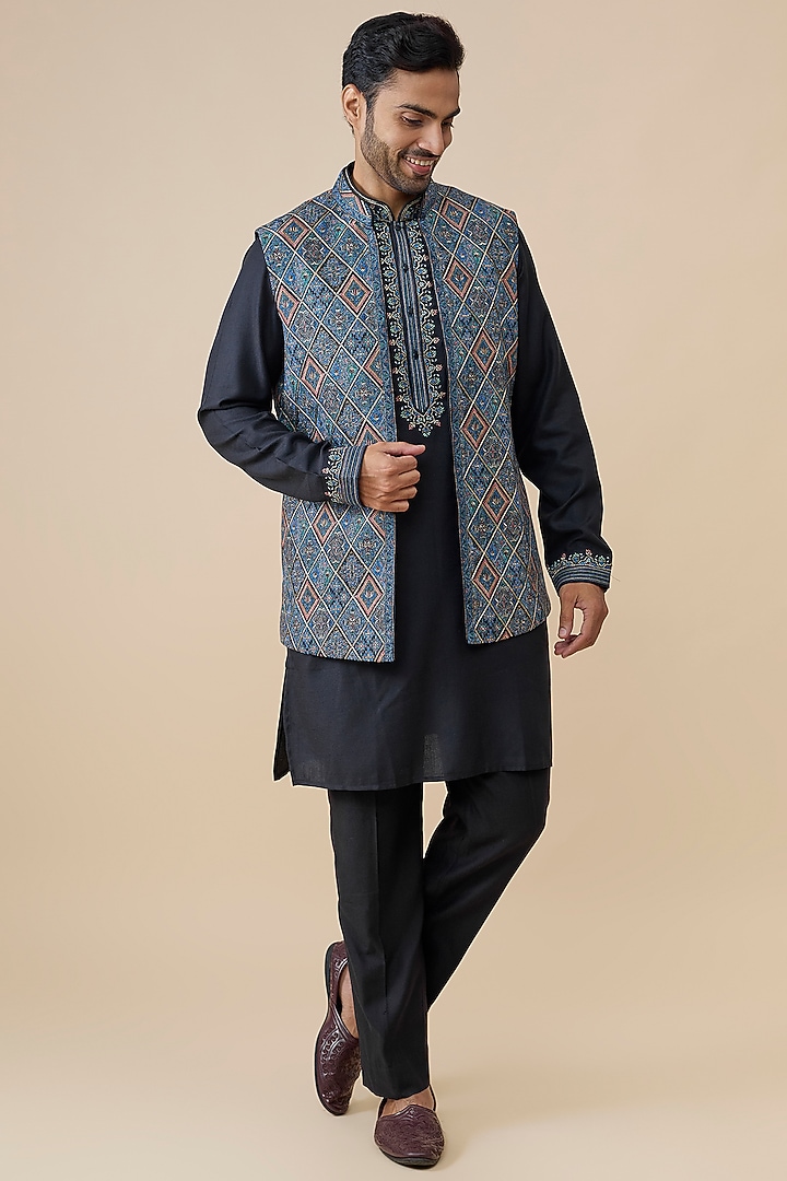 Teal Silk Bundi Jacket Set by Vanshik at Pernia's Pop Up Shop