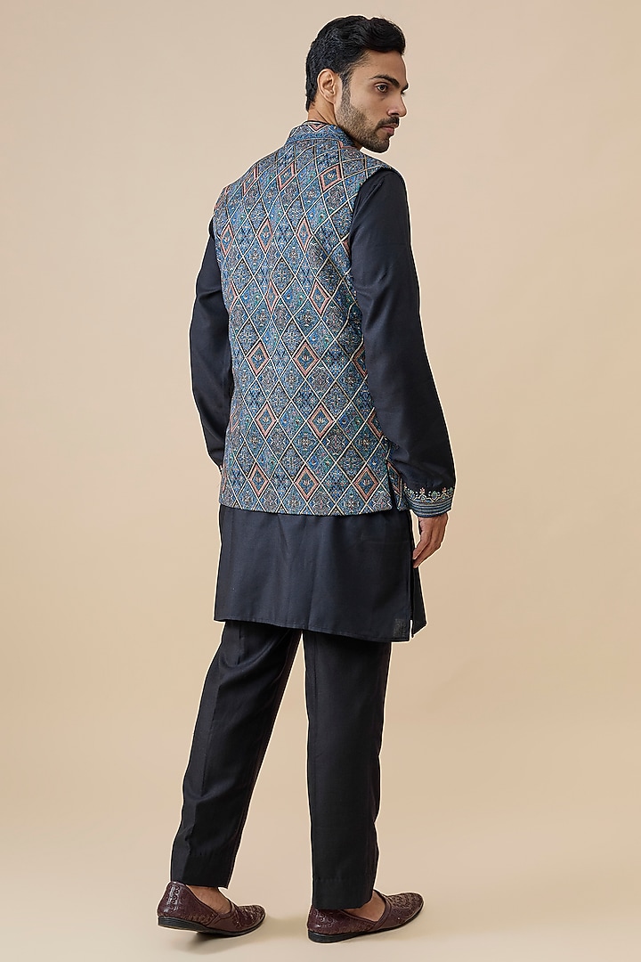 Teal Silk Bundi Jacket Set by Vanshik at Pernia's Pop Up Shop