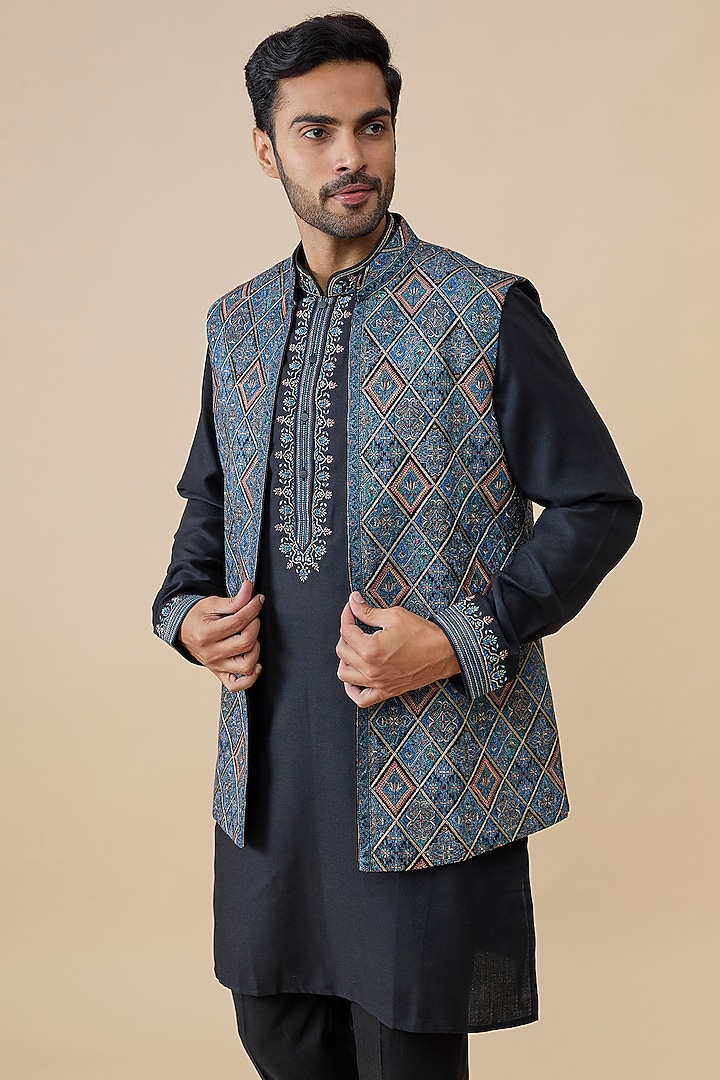 Teal Silk Bundi Jacket Set by Vanshik at Pernia's Pop Up Shop
