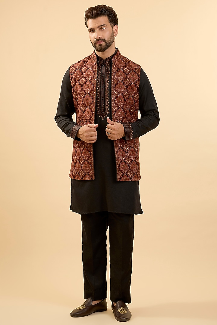 Black & Rust Silk Bundi Jacket Set by Vanshik at Pernia's Pop Up Shop