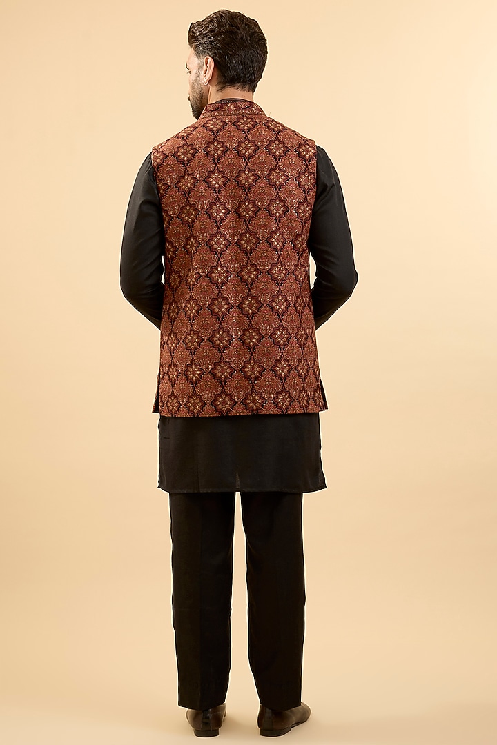 Black & Rust Silk Bundi Jacket Set by Vanshik at Pernia's Pop Up Shop