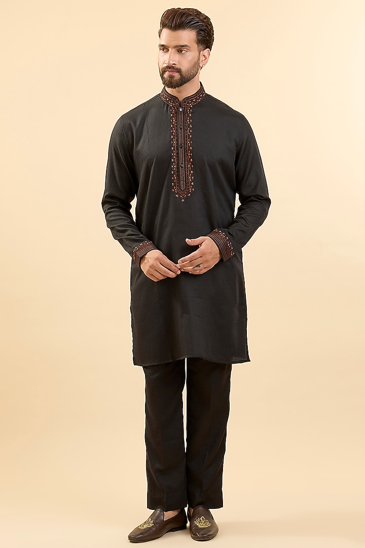 Black & Rust Silk Bundi Jacket Set by Vanshik at Pernia's Pop Up Shop