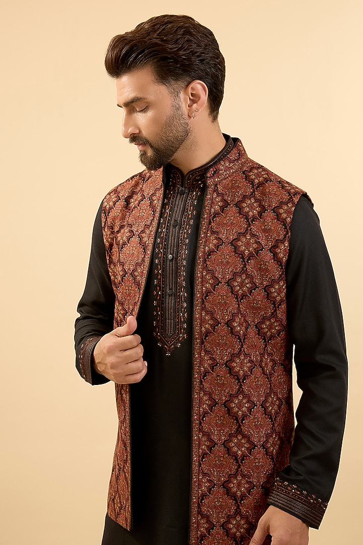 Black & Rust Silk Bundi Jacket Set by Vanshik at Pernia's Pop Up Shop