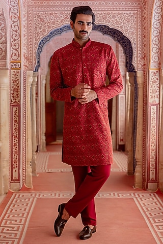 Vermillion Red Pashmina Kashmiri Embroidered Kurta Set by Vanshik