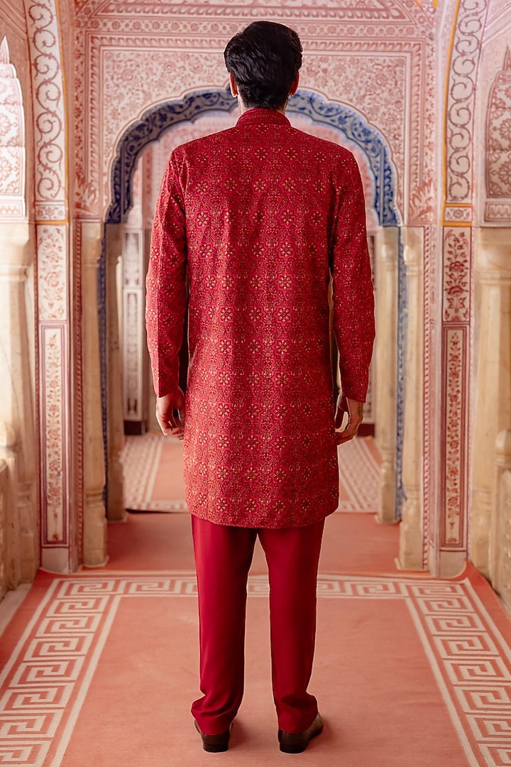 Vermillion Red Pashmina Kashmiri Embroidered Kurta Set by Vanshik at Pernia's Pop Up Shop