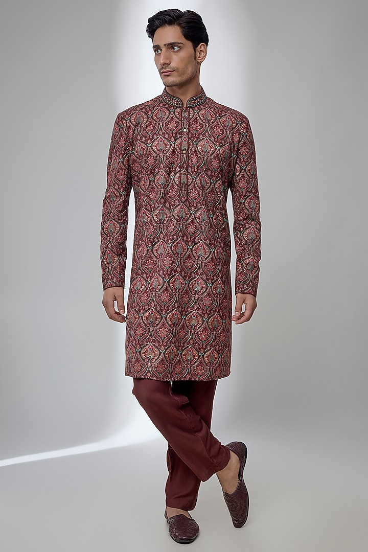 Wine Silk Kurta Set by Vanshik at Pernia's Pop Up Shop