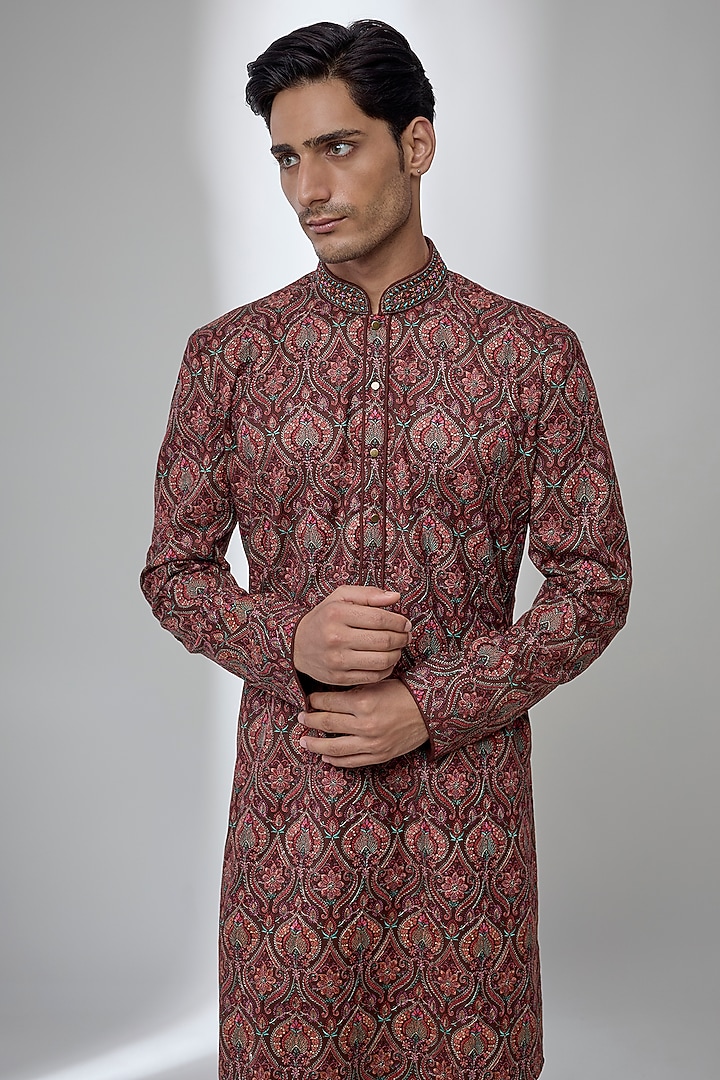 Wine Silk Kurta Set by Vanshik at Pernia's Pop Up Shop