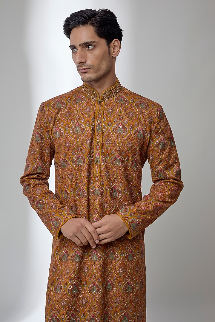 Rust Silk Kurta Set by Vanshik at Pernia's Pop Up Shop