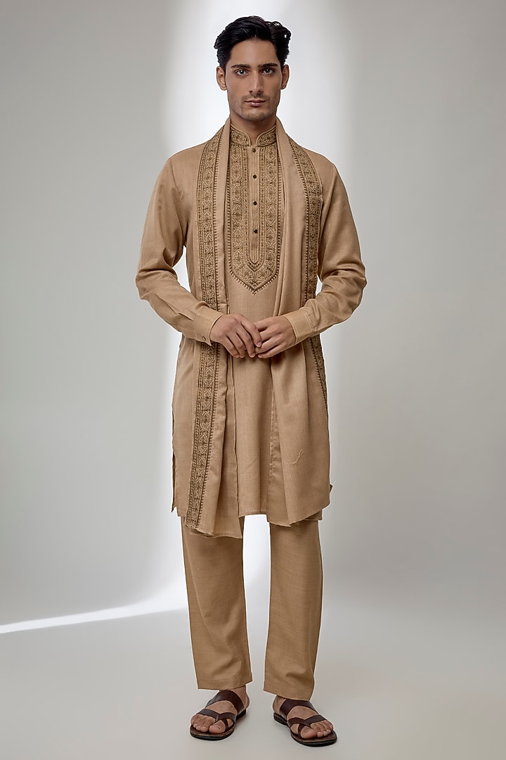 Beige Khaki Silk Kurta Set by Vanshik at Pernia's Pop Up Shop