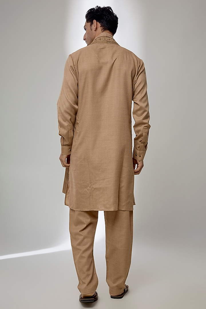 Beige Khaki Silk Kurta Set by Vanshik at Pernia's Pop Up Shop