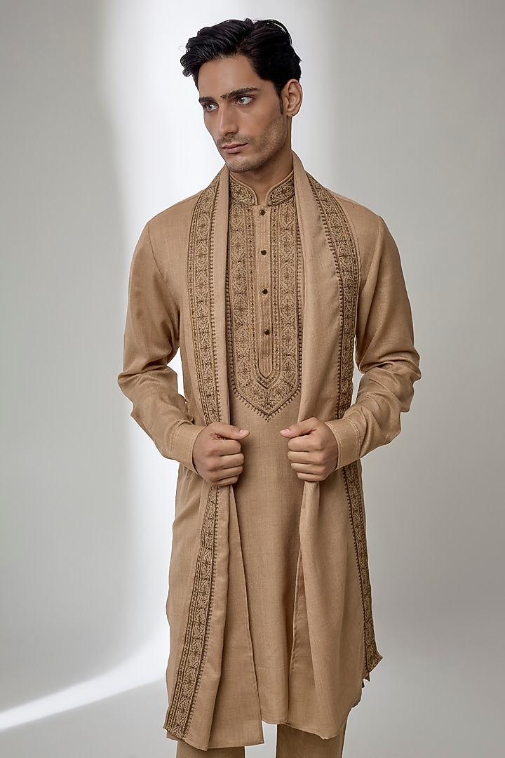 Beige Khaki Silk Kurta Set by Vanshik at Pernia's Pop Up Shop