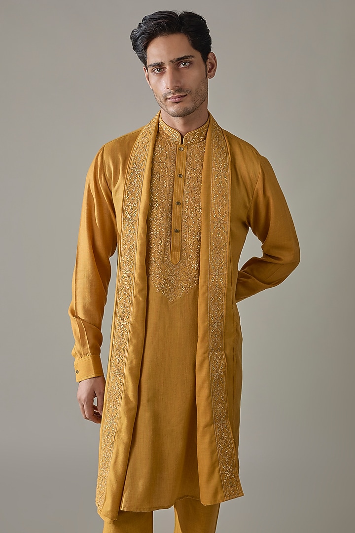 Mustard Silk Kurta Set by Vanshik at Pernia's Pop Up Shop
